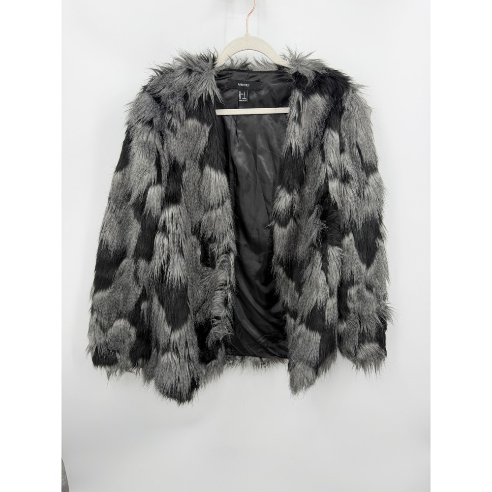 Forever 21 Shaggy Faux Fur Jacket Womens Large Grey Black Colorblock Open Front